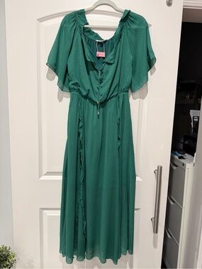 Green Ruffle Maxi Dress with Drawstring Waist